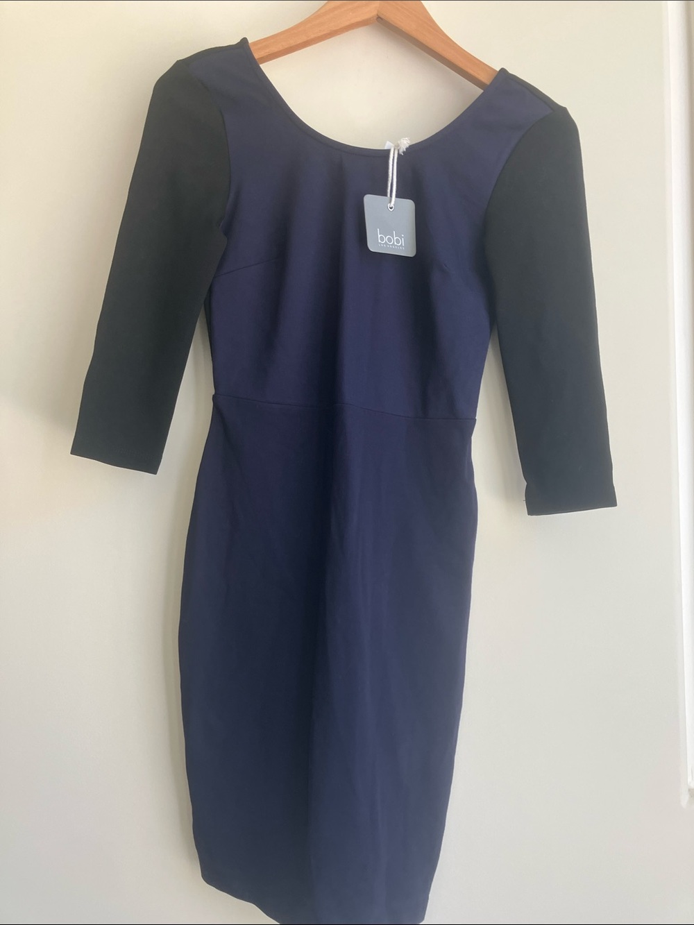 bobi Langston Boat Neck Navy Dress w/ 3/4 Long Black Sleeves Fitted Size XS NWT